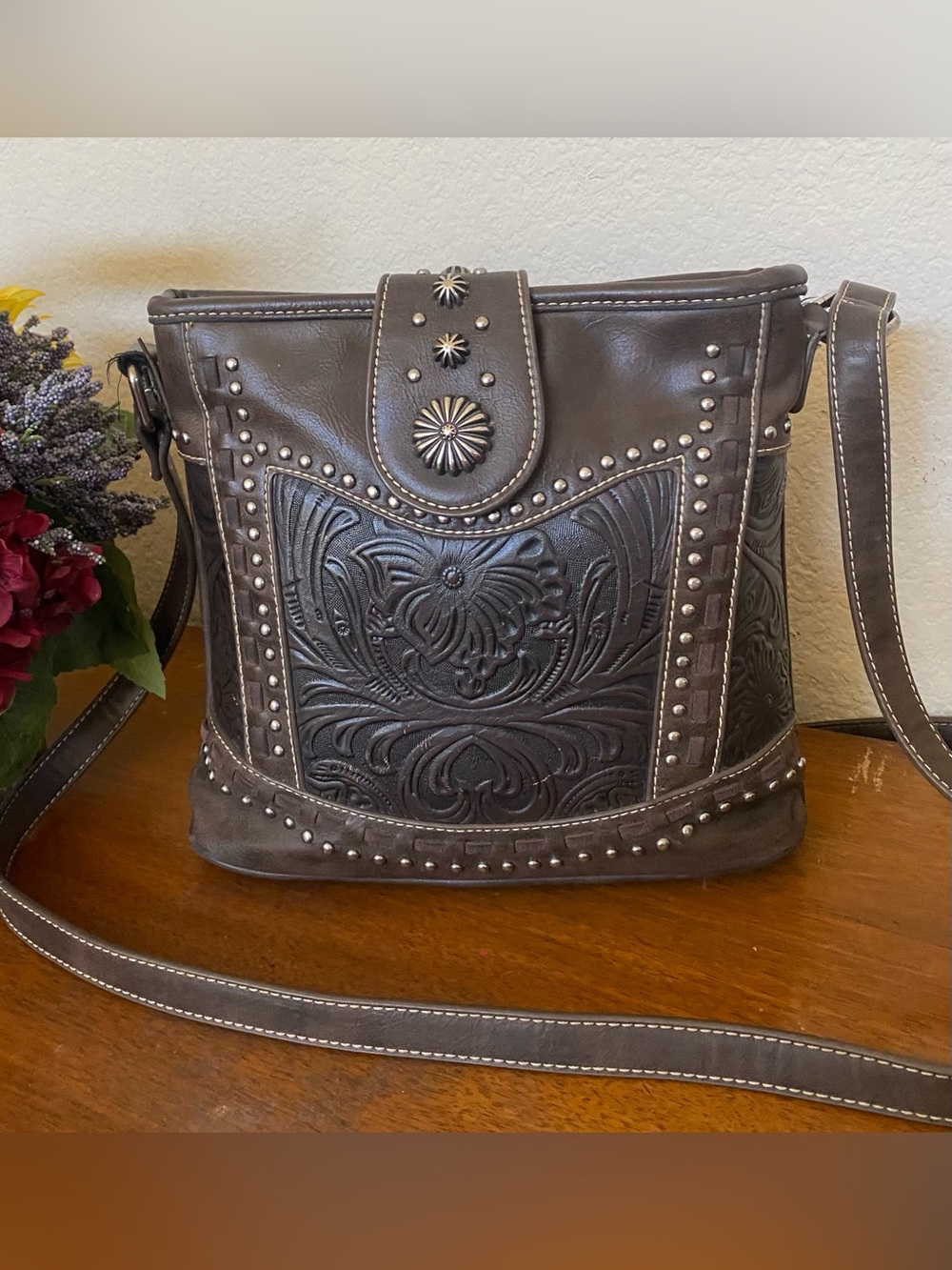 Trinity Ranch Western Brown Leather Studded Crossbody Purse Bag